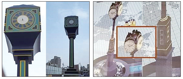 현재 세워진 시계탑 모습(왼쪽)과 오산시가 올 초 오산장터주민운영회에 소개한 시계탑 조감도. 이연우기자