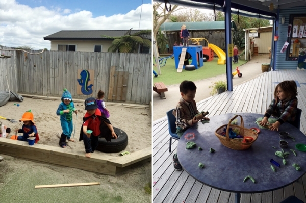 모래밭에서, 공사장에서, 놀이터에서 놀기 바쁜 아이들. 유치원 실내외를 자유롭게 드나들며 다양한 활동을 한다.