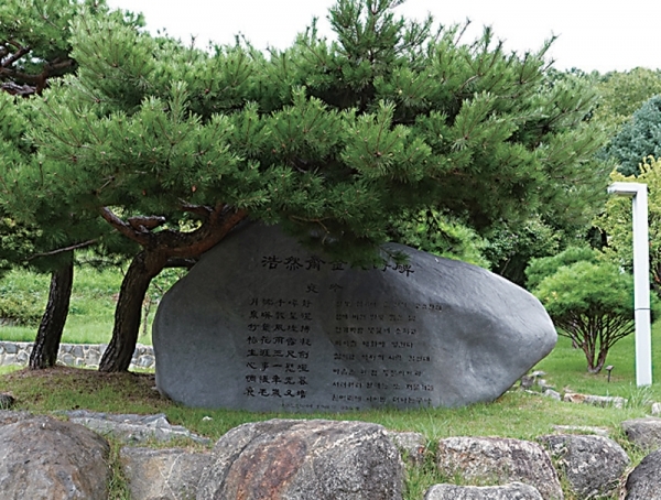 송씨 집안에 시집온 안동 김씨 아호 호연재(浩然齋) 의 시비/ 시제는 ‘야음(夜吟)’, ‘밤에 읊다’. 7천율시인데, 일부만 번역하면 다음과 같다. ‘삶이란 석 자의 시린 칼인데 / 마음은 한 점 등불이어라 / 서러워라 한 해는 또 저물고 / 흰머리에 나이만 더하는구나’ 야음은 여성이 밤에 읊은 시라기에는 너무 비장하고, 호연재는 여성의 아호라기에는 너무 호탕하다.