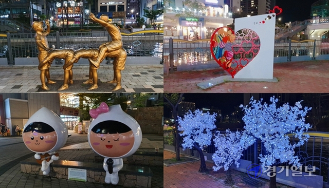 말뚝박기 놀이를 하는 아이들 조각상, 김포의 마스코트 ‘포미 포수’가 버스킹 하는 조형물 등 라베니체 거리 곳곳에 다양한 포토존이 있어 산책하기 즐거운 장소다.