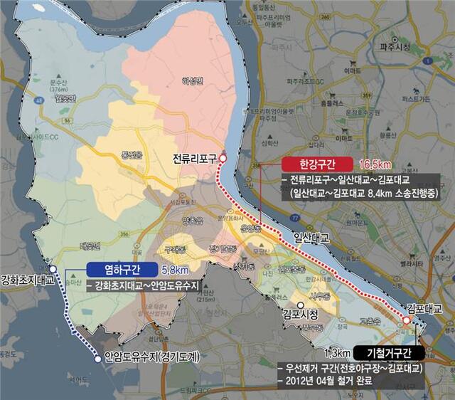 한강 하구 군부대 철책 제거 구간 지도. 김포시 제공