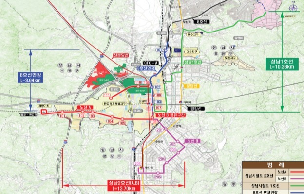 환경 교통수단인 트램(성남도시철도 1~2호선) 예상 노선도. 성남시 제공