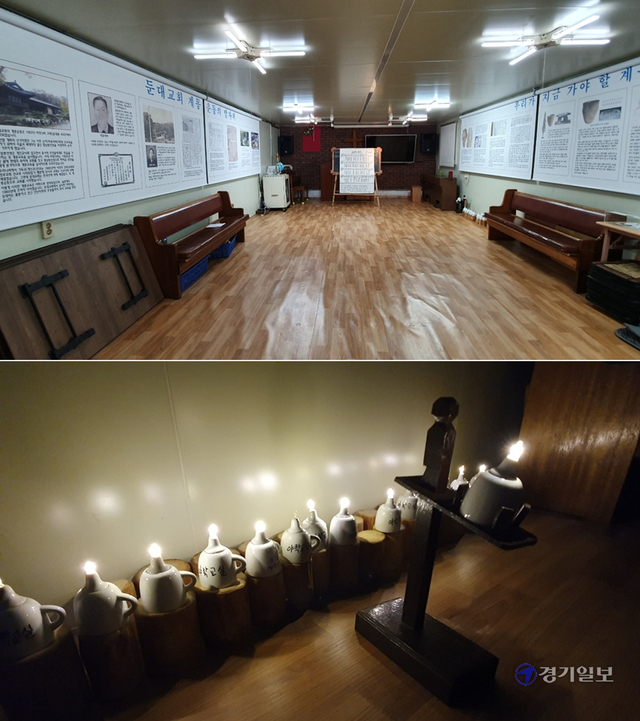 ▲ 예배당 내부는 2003년 샌드위치 판넬로 개보수해놔 예전 모습을 볼 수 없다. 현재는 계몽역사관으로 사용하고 있으며, 호롱불 체험 등 야학교실을 운영하고 있다.