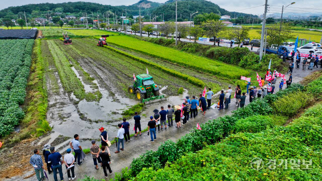 12일 오전 안성시 미양면 한 논에서 전국농민총연맹 경기도연맹 관계자와 지역농민들이 쌀값 보장 등을 요구하며 논을 갈아엎고 있다. 윤원규기자